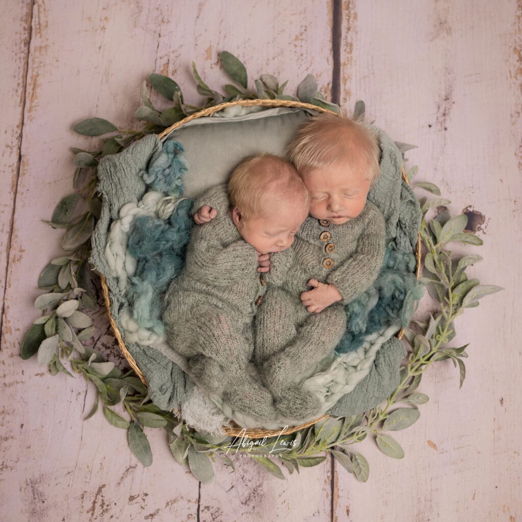 Newborn twins posed in a basket.
